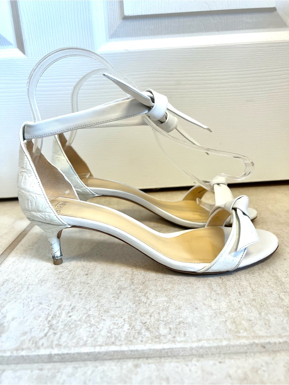 Alexandre Birman White Knot Ankle-Strap Kitten Heel Sandals
